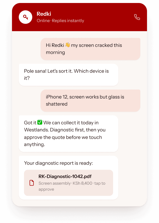 Redki WhatsApp repair chat: a customer reports a cracked iPhone 12 screen, gets pickup arranged in Westlands, and receives a diagnostic report with an itemised quote to approve.